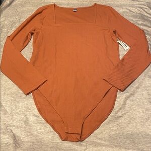 Old Navy Womens Coral Pink Long Sleeve Bodysuit Sz XL Ribbed Square Neckline NWT